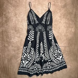 Magic Black & White Floral Embroidered A-Line Midi Dress Sleeveless Empire Waist